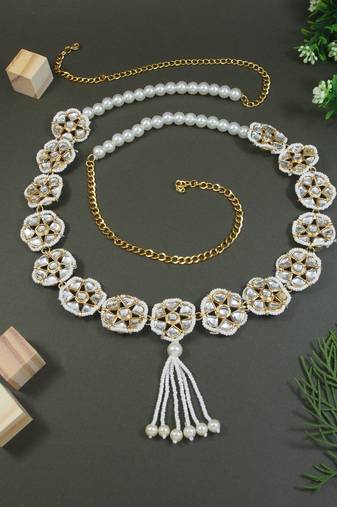 Traditional Floral Kundan & Pearl Studded Adjustable Kamarband/Belly Chain For Women/Girls 