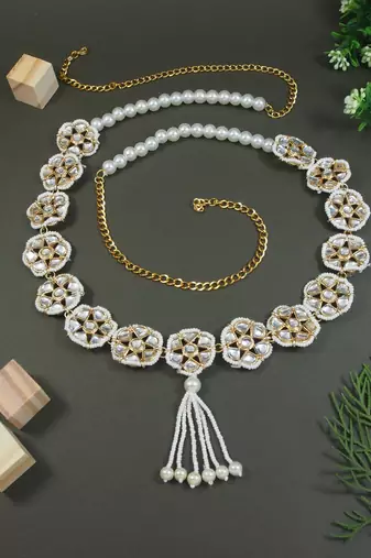 Traditional Floral Kundan & Pearl Studded Adjustable Kamarband/Belly Chain For Women/Girls 