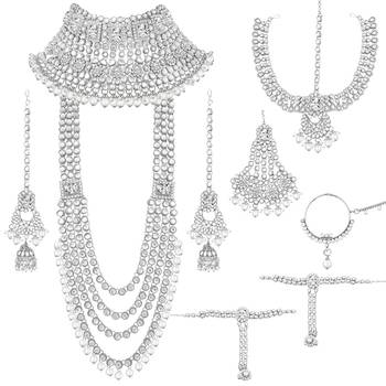 Rhodium Plated Ethnic Indian White Kundan Dulhan Bridal Jewellery Set for Women  2
