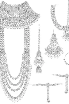 Rhodium Plated Ethnic Indian White Kundan Dulhan Bridal Jewellery Set for Women 
