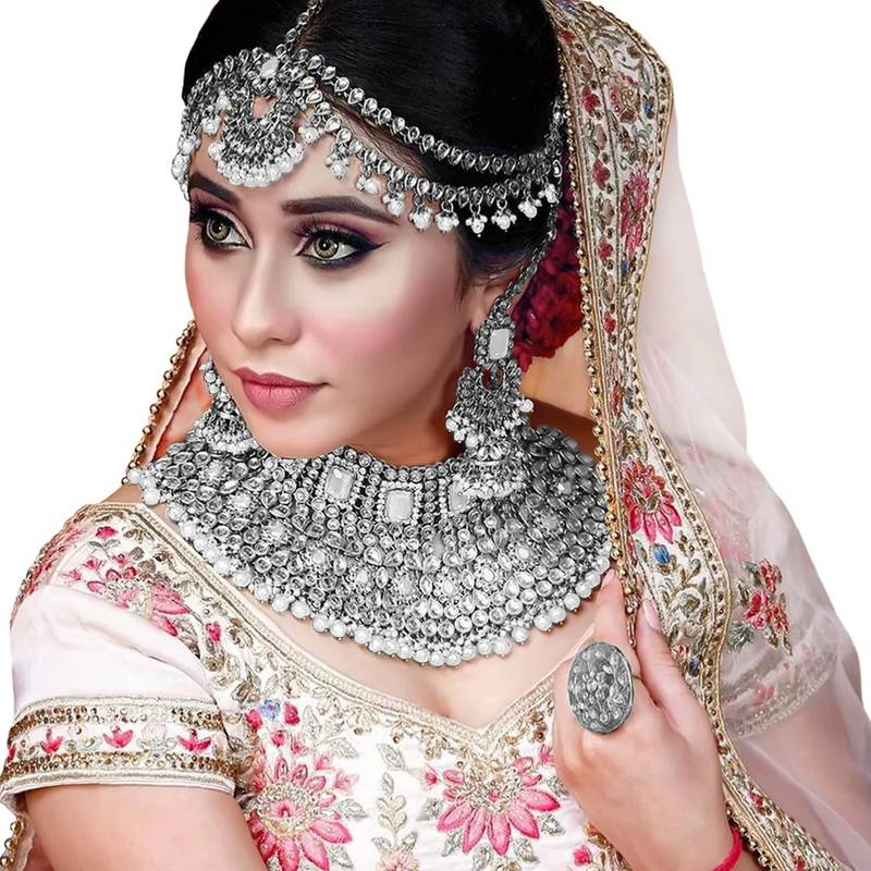Rhodium Plated Ethnic Indian White Kundan Dulhan Bridal Jewellery Set for Women 