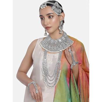 Rhodium Plated Ethnic Indian White Kundan Dulhan Bridal Jewellery Set for Women  1