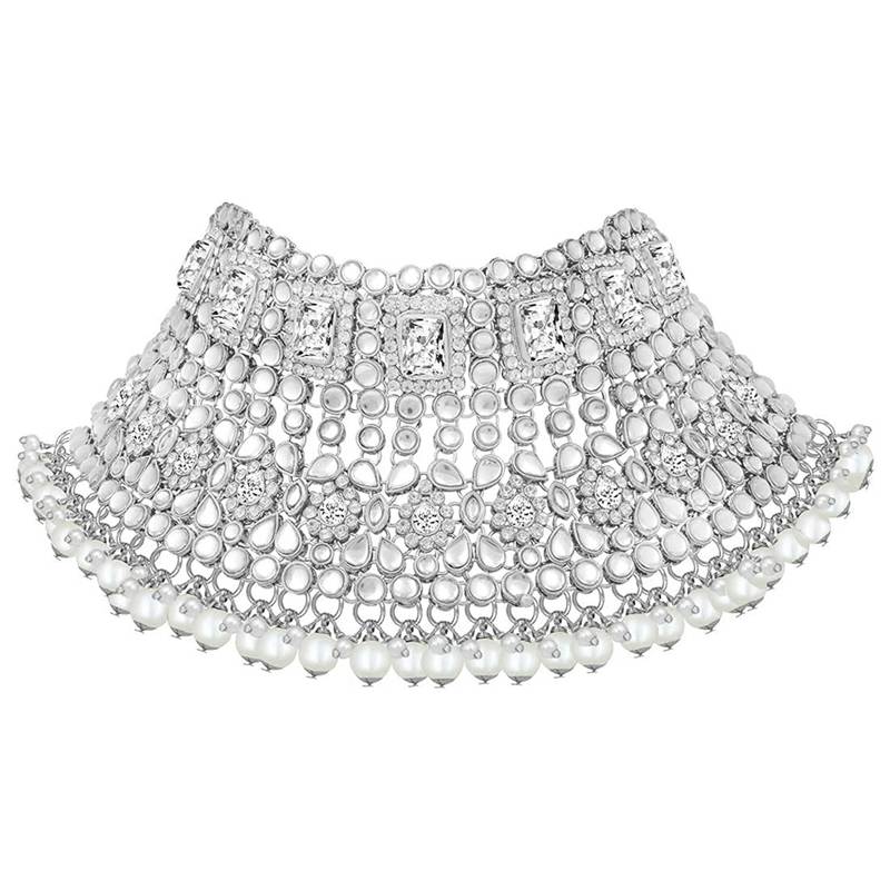 Rhodium Plated Ethnic Indian White Kundan Dulhan Bridal Jewellery Set for Women 