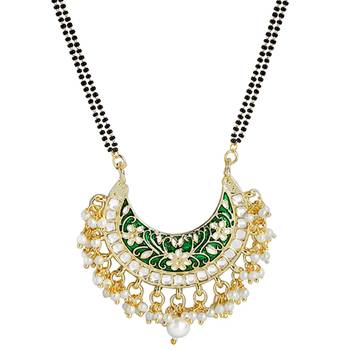 Traditional Meena Work Pearl Studded Pendant with Black Bead Chain Mangalsutra for Women  1
