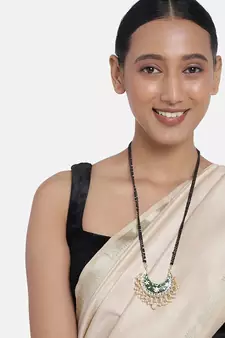Traditional Meena Work Pearl Studded Pendant with Black Bead Chain Mangalsutra for Women 
