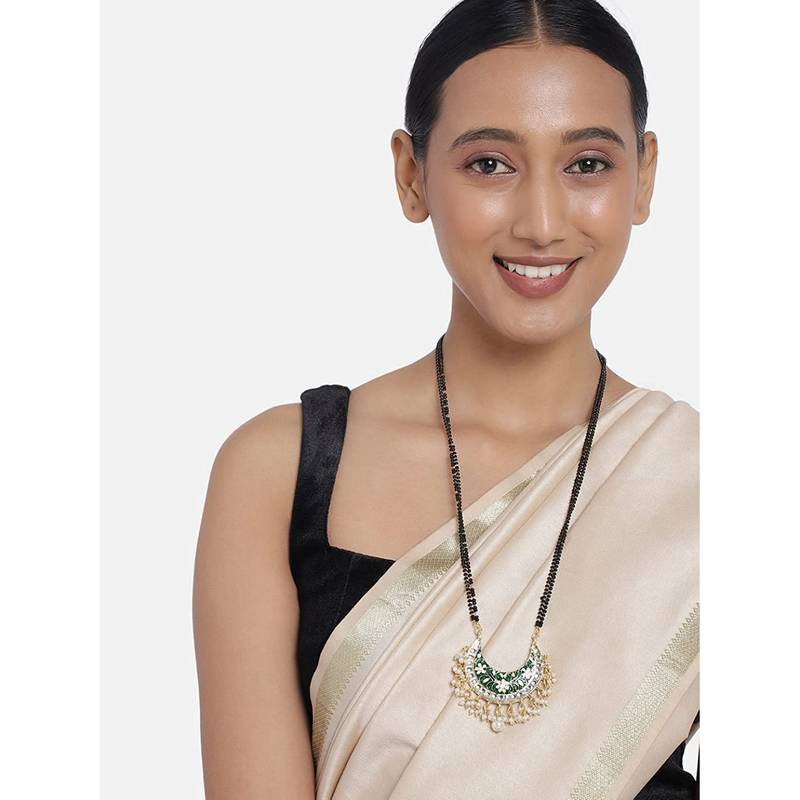 Traditional Meena Work Pearl Studded Pendant with Black Bead Chain Mangalsutra for Women 