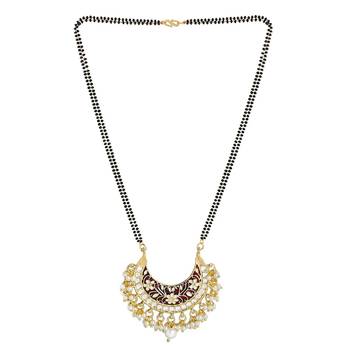 Traditional Meena Work Pearl Studded Pendant with Black Bead Chain Mangalsutra for Women  1