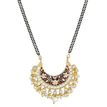 Traditional Meena Work Pearl Studded Pendant with Black Bead Chain Mangalsutra for Women  2