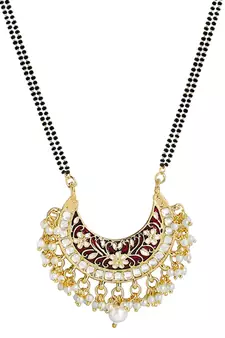 Traditional Meena Work Pearl Studded Pendant with Black Bead Chain Mangalsutra for Women 
