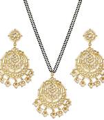 Traditional Pearl Kundan Studded Pendant with Black Bead Chain Mangalsutra With Earrings for Women 
