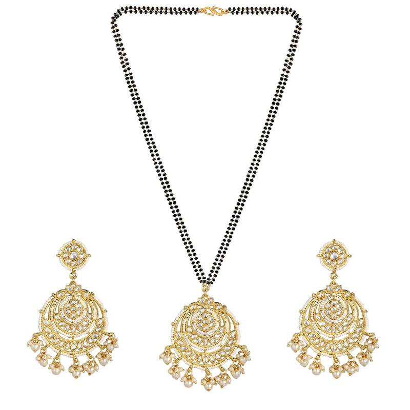 Traditional Pearl Kundan Studded Pendant with Black Bead Chain Mangalsutra With Earrings for Women 