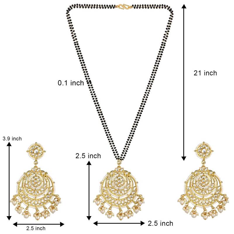 Traditional Pearl Kundan Studded Pendant with Black Bead Chain Mangalsutra With Earrings for Women 