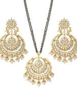 Traditional Pearl Kundan Studded Pendant with Black Bead Chain Mangalsutra With Earrings for Women 