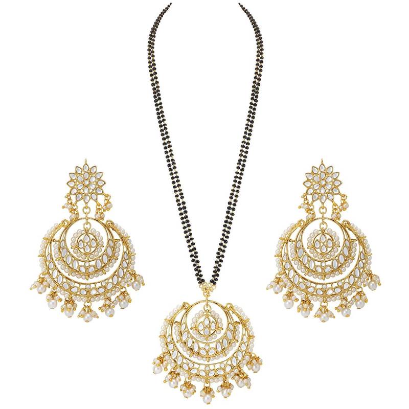 Traditional Pearl Kundan Studded Pendant with Black Bead Chain Mangalsutra With Earrings for Women 