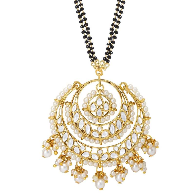 Traditional Pearl Kundan Studded Pendant with Black Bead Chain Mangalsutra With Earrings for Women 