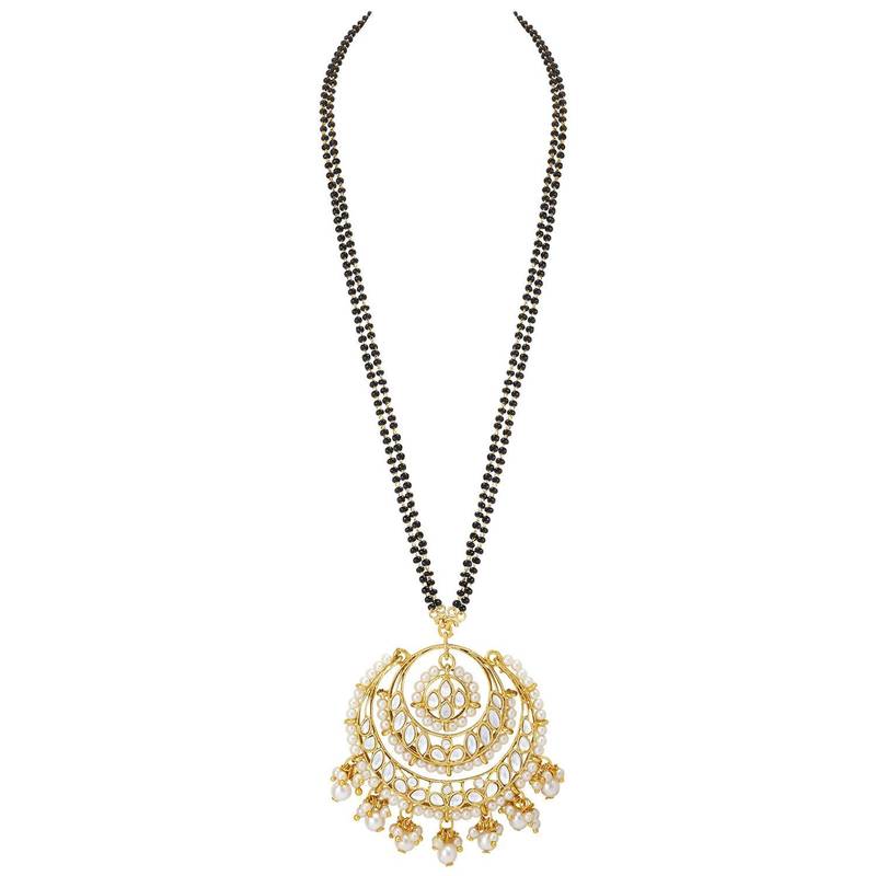 Traditional Pearl Kundan Studded Pendant with Black Bead Chain Mangalsutra With Earrings for Women 