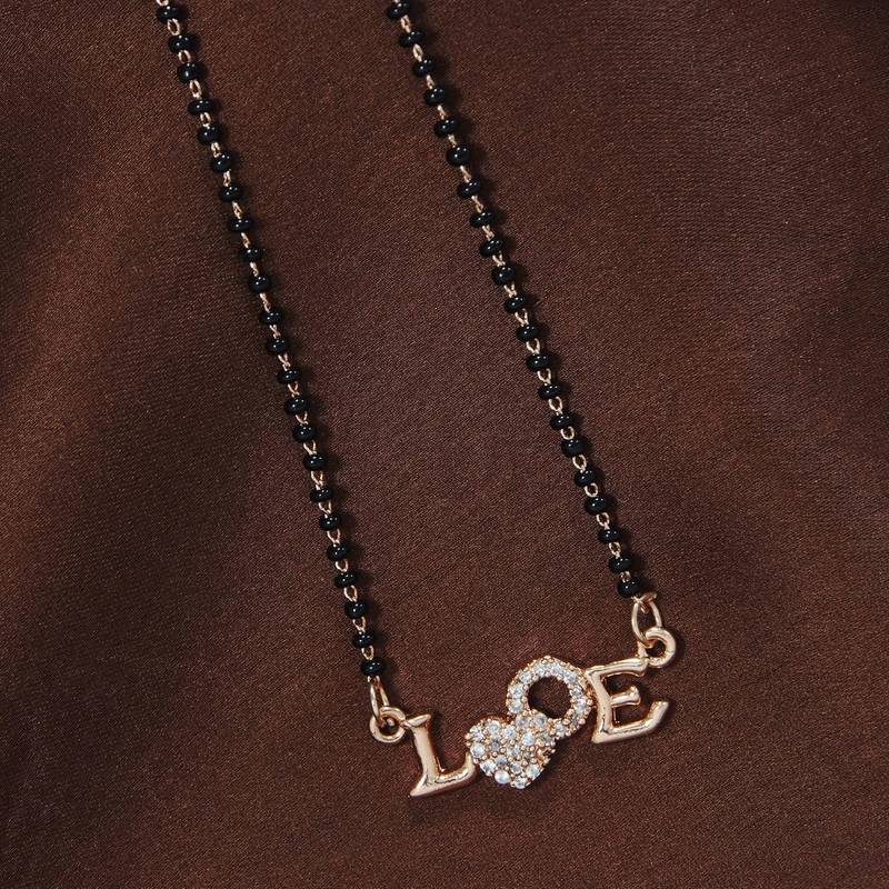 Rose Traditional Single Line American Diamond Lovers Design Pendant with Black Beads Chain Mangalsutra for Women 