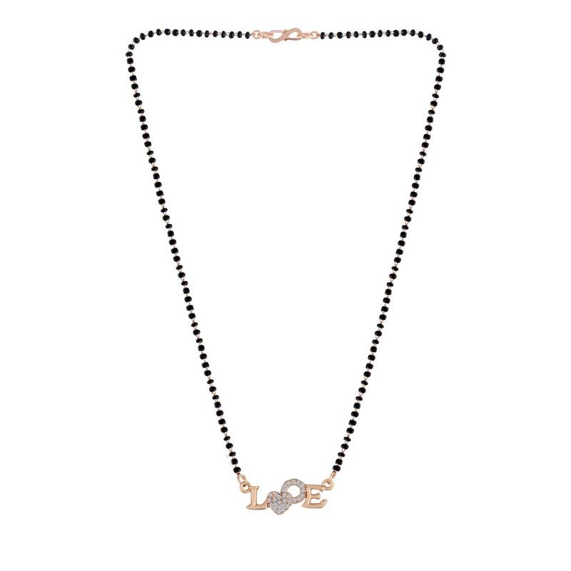 Rose Traditional Single Line American Diamond Lovers Design Pendant with Black Beads Chain Mangalsutra for Women 