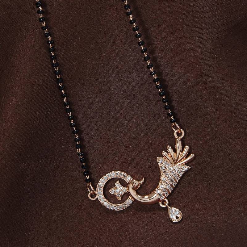 Rose Traditional Single Line American Diamond Peacock Design Pendant with Black Beads Chain Mangalsutra for Women 