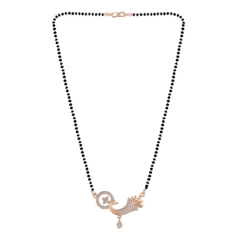 Rose Traditional Single Line American Diamond Peacock Design Pendant with Black Beads Chain Mangalsutra for Women 