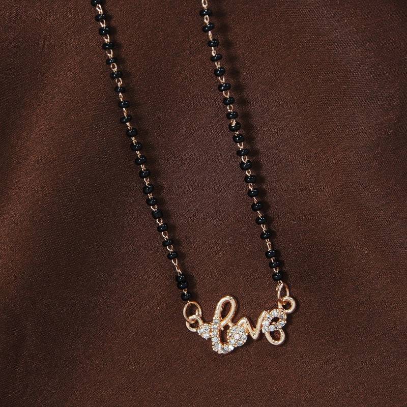 Rose Traditional Single Line American Diamond Lovers Design Pendant with Black Beads Chain Mangalsutra for Women 