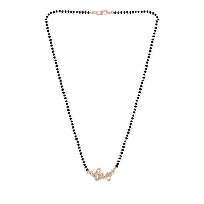 Rose Traditional Single Line American Diamond Lovers Design Pendant with Black Beads Chain Mangalsutra for Women 