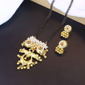 Traditional Pearl Beads Studded Pendant with Black Bead Chain Mangalsutra With Earrings for Women (D093M) 1