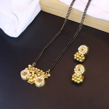 Traditional Pearl Beads Studded Pendant with Black Bead Chain Mangalsutra With Earrings for Women (D094M) 1