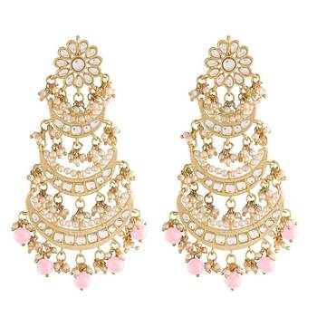 3 Layered Beaded Chandbali Earrings with Kundan and Pearl Work for Women  1