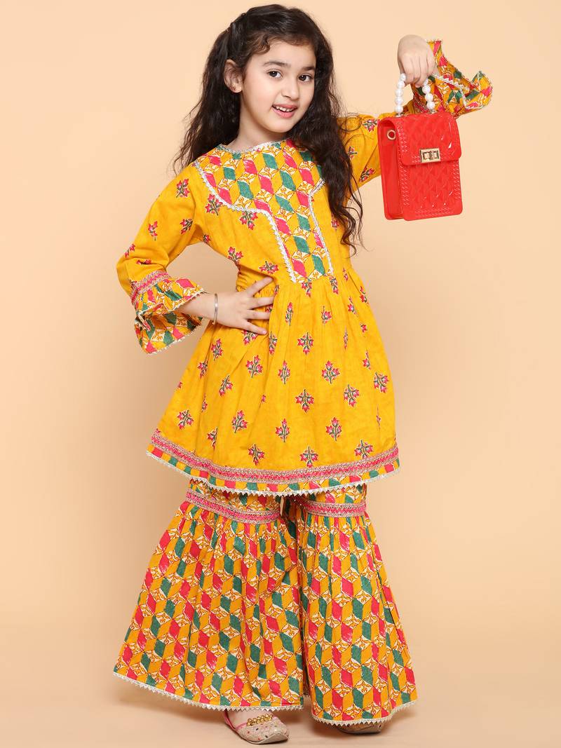 Yellow printed cotton girls-top-bottom