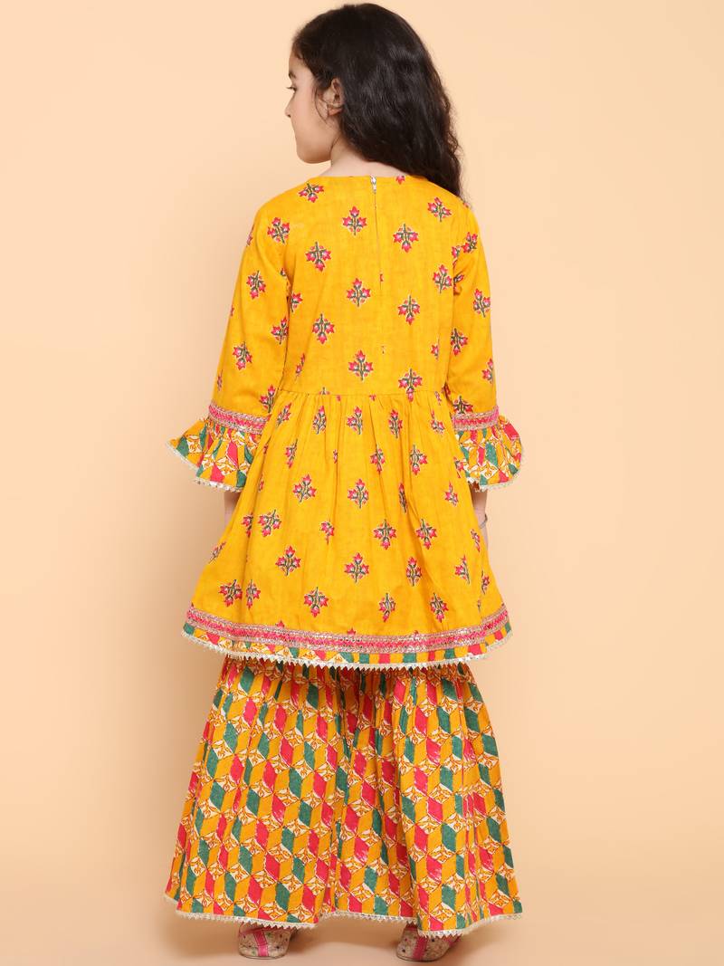 Yellow printed cotton girls-top-bottom