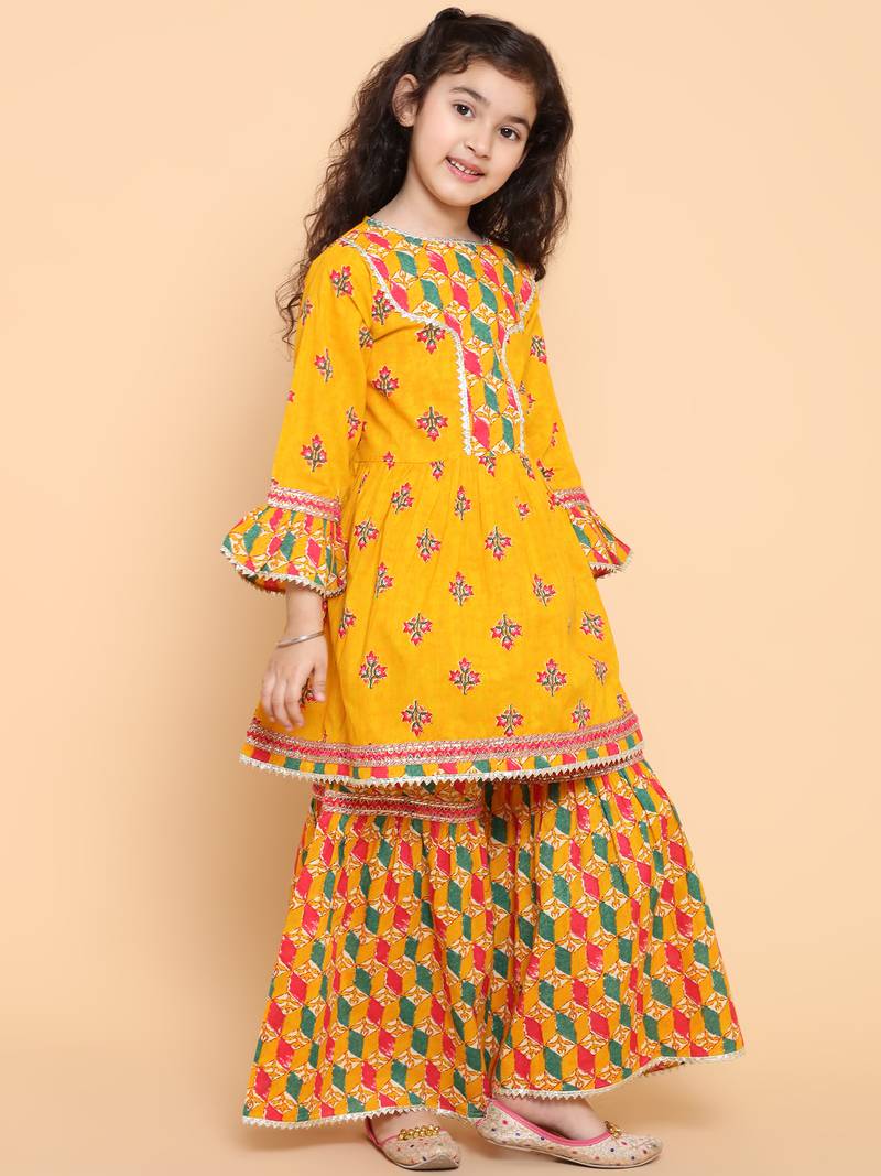 Yellow printed cotton girls-top-bottom