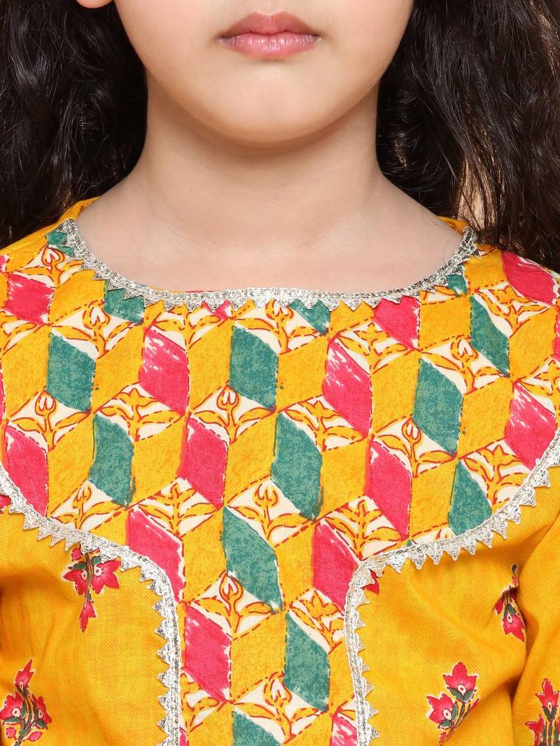 Yellow printed cotton girls-top-bottom