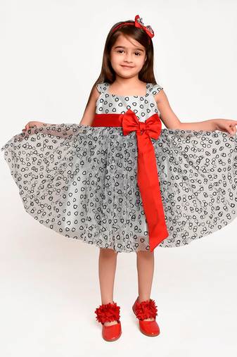 Jelly Jones Dress with Red Bow and Hair Band- light Grey