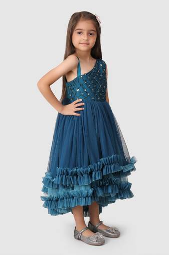 Duel shade Asymtric Sequance Flared Dress
