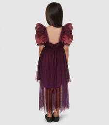 Wine Organza Puff Sleeve Dress