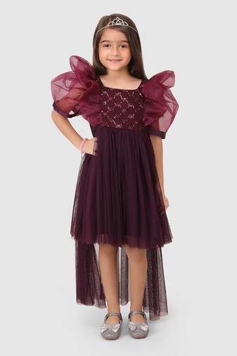 Wine Organza Puff Sleeve Dress