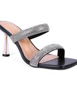 Black Diamante Mid Heel Slide Sandals