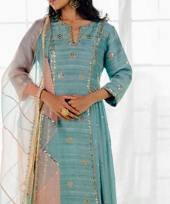 Powder Blue Silk Embroidered Long Anarkali Set 2