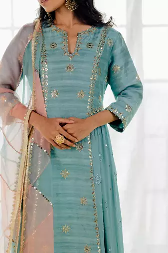 Powder Blue Silk Embroidered Long Anarkali Set
