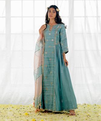 Powder Blue Silk Embroidered Long Anarkali Set 1