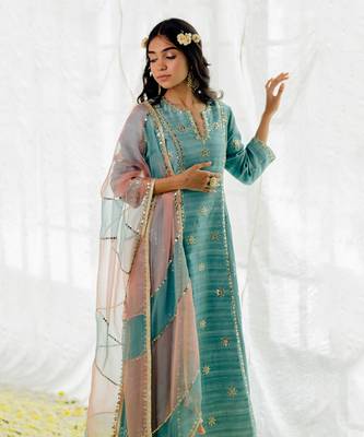 Powder Blue Silk Embroidered Long Anarkali Set 3