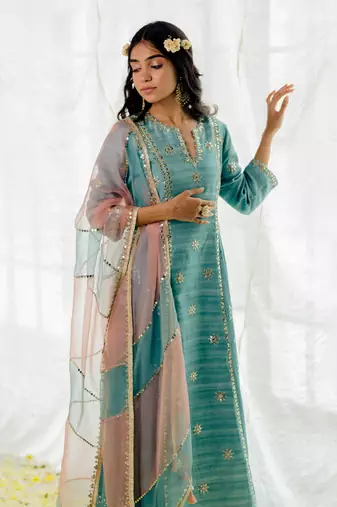 Powder Blue Silk Embroidered Long Anarkali Set