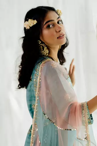 Powder Blue Silk Embroidered Long Anarkali Set