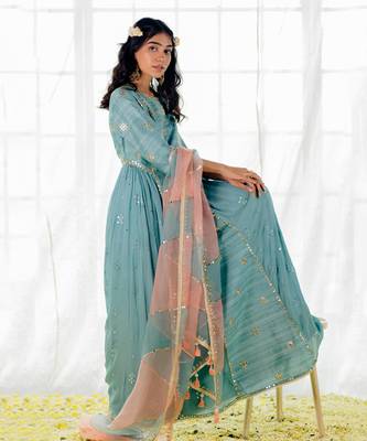 Powder Blue Silk Embroidered Long Anarkali Set 5