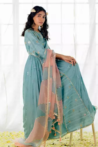 Powder Blue Silk Embroidered Long Anarkali Set