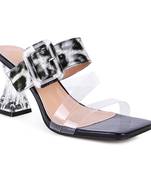 Black Printed Mid Heel Slide Sandals