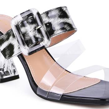 Black Printed Mid Heel Slide Sandals 4