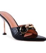 Black Buckled High Heel Slide Sandals