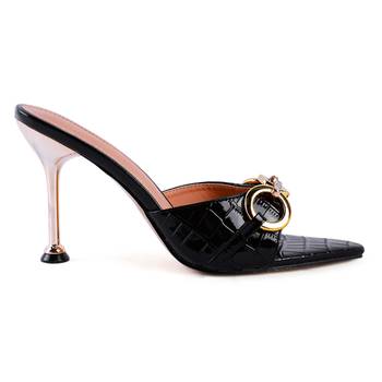 Black Buckled High Heel Slide Sandals 2